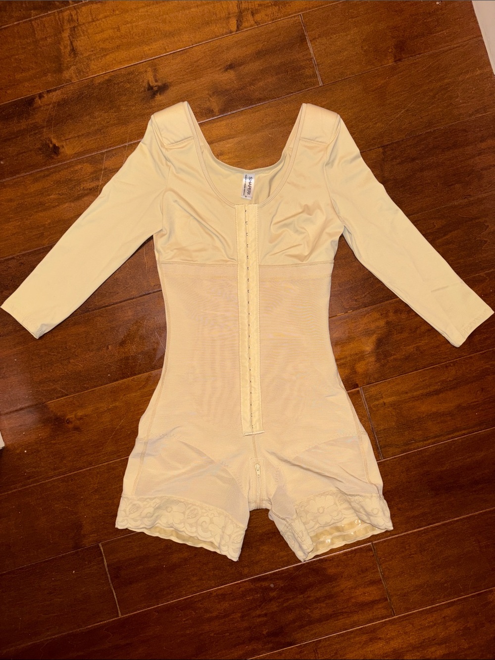 Full Body Shaper with Front Hook Closure & Crotch Zipper Opening - Cream